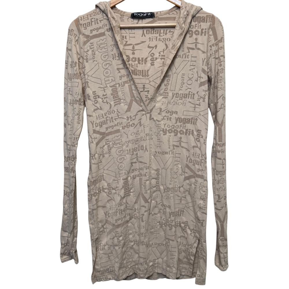 YogaFit Women's Hoodie Tunic M Beige Logo Allover Print Thumbhole Athleisure